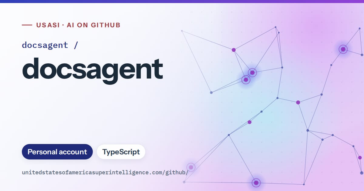 Generated blue constellation network artwork for docsagent/docsagent, labeled USASI · AI on GitHub, with Personal account · TypeScript.