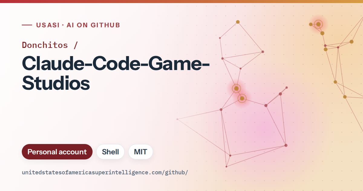 Generated red constellation network artwork for Donchitos/Claude-Code-Game-Studios, labeled USASI · AI on GitHub, with Personal account · Shell · MIT.