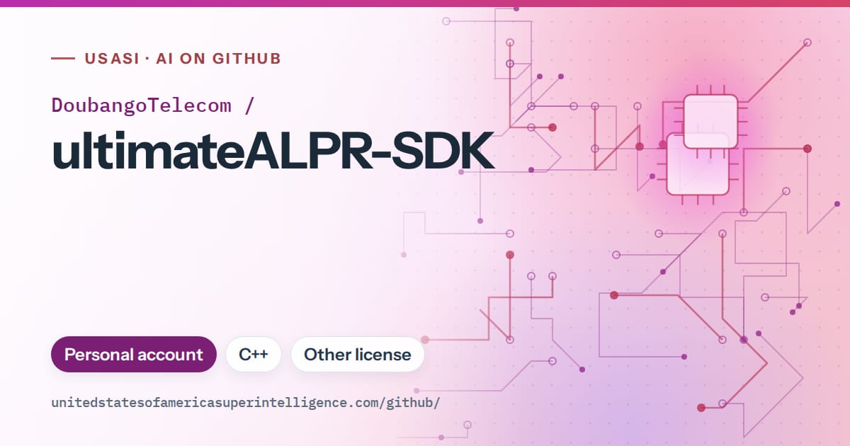 Generated purple circuit-trace artwork for DoubangoTelecom/ultimateALPR-SDK, labeled USASI · AI on GitHub, with Personal account · C++ · Other license.