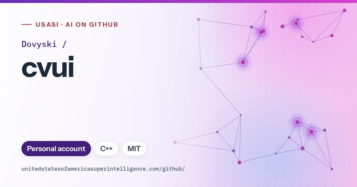 Generated violet constellation network artwork for Dovyski/cvui, labeled USASI · AI on GitHub, with Personal account · C++ · MIT.