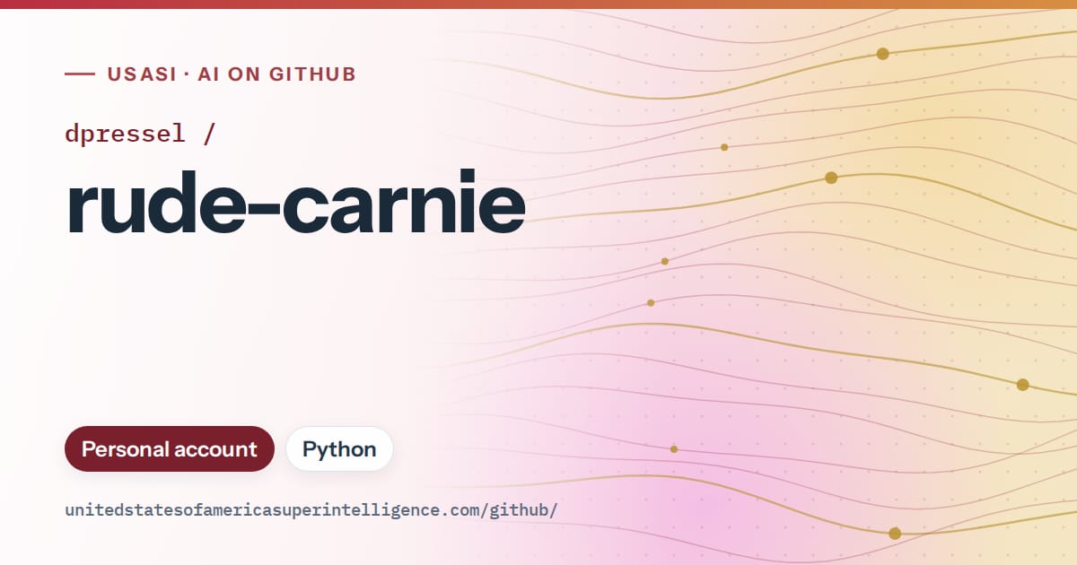 Generated red flowing-wave artwork for dpressel/rude-carnie, labeled USASI · AI on GitHub, with Personal account · Python.