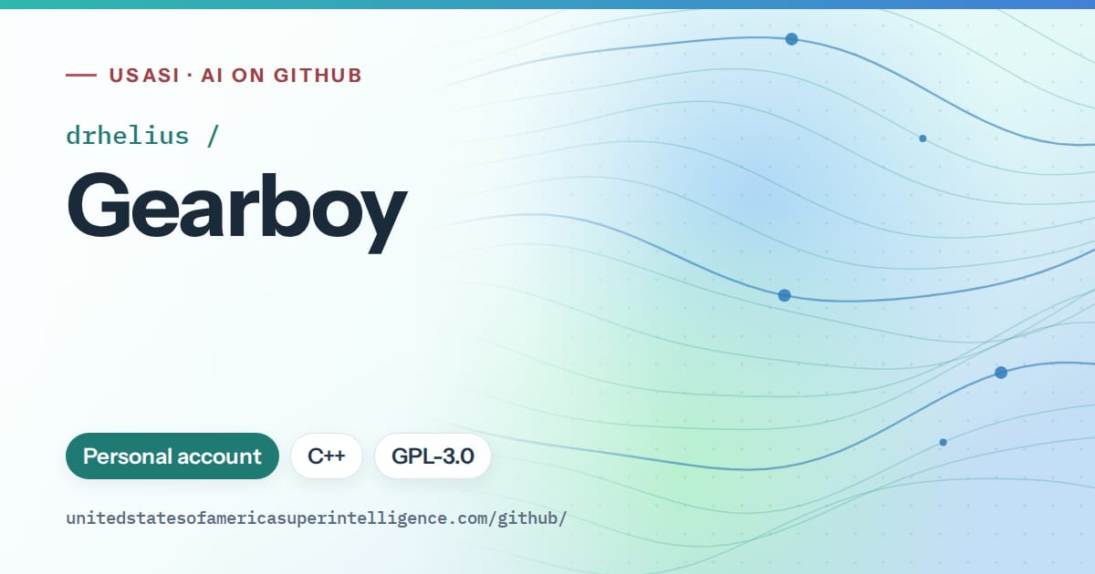 Generated teal flowing-wave artwork for drhelius/Gearboy, labeled USASI · AI on GitHub, with Personal account · C++ · GPL-3.0.