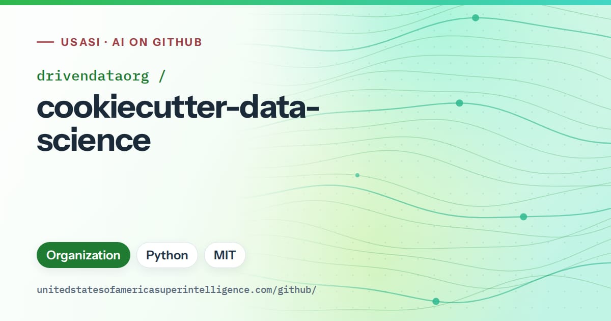 Generated green flowing-wave artwork for drivendataorg/cookiecutter-data-science, labeled USASI · AI on GitHub, with Organization · Python · MIT.