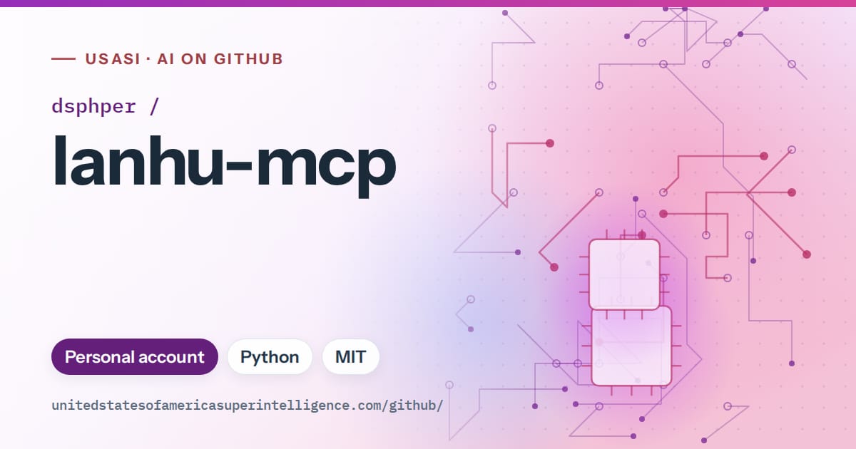 Generated purple circuit-trace artwork for dsphper/lanhu-mcp, labeled USASI · AI on GitHub, with Personal account · Python · MIT.