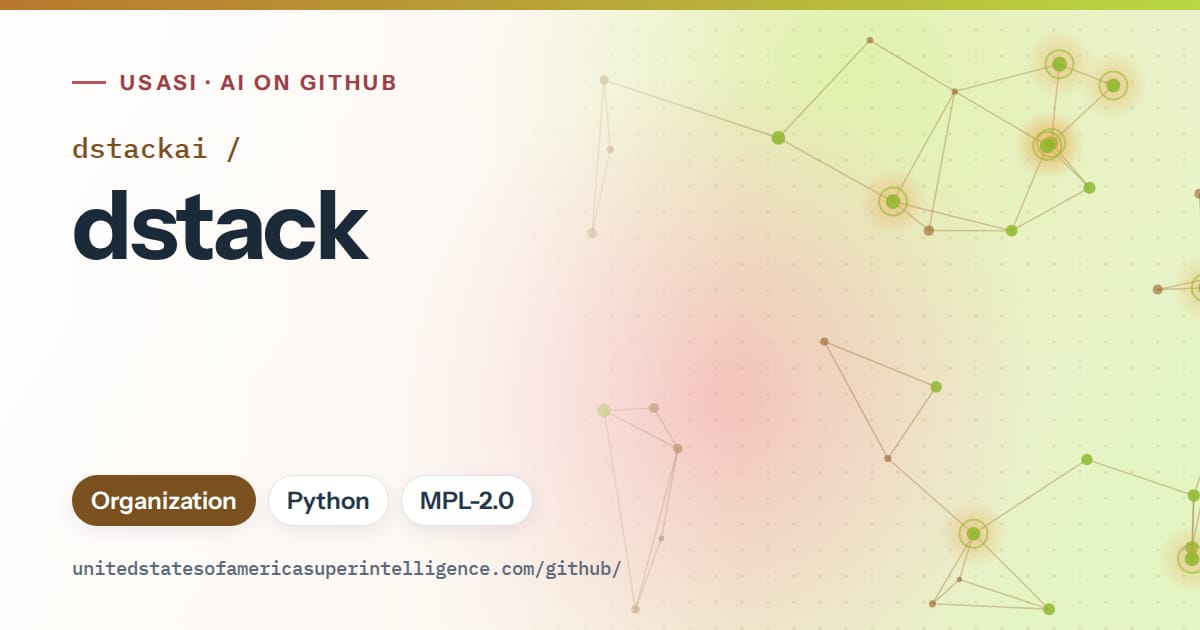 Generated orange constellation network artwork for dstackai/dstack, labeled USASI · AI on GitHub, with Organization · Python · MPL-2.0.