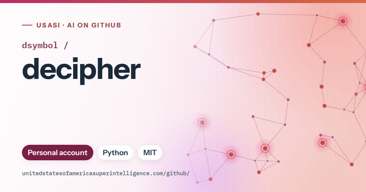 Generated pink constellation network artwork for dsymbol/decipher, labeled USASI · AI on GitHub, with Personal account · Python · MIT.