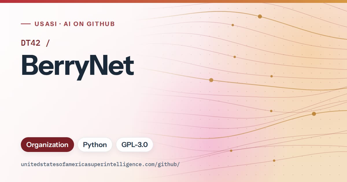 Generated red flowing-wave artwork for DT42/BerryNet, labeled USASI · AI on GitHub, with Organization · Python · GPL-3.0.