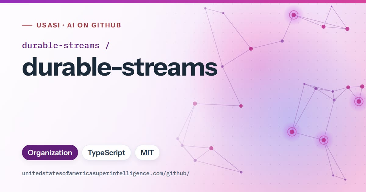 Generated violet constellation network artwork for durable-streams/durable-streams, labeled USASI · AI on GitHub, with Organization · TypeScript · MIT.