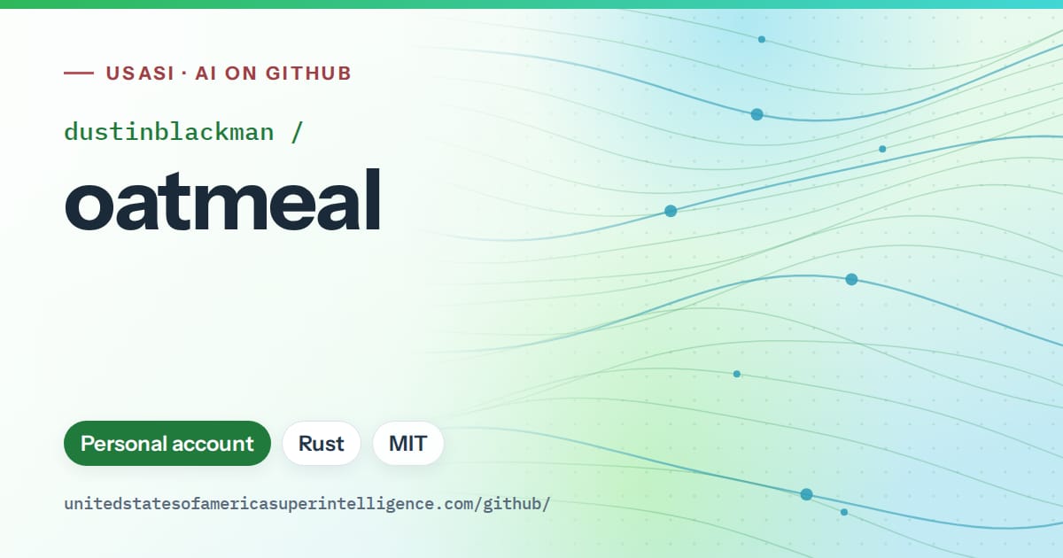 Generated green flowing-wave artwork for dustinblackman/oatmeal, labeled USASI · AI on GitHub, with Personal account · Rust · MIT.