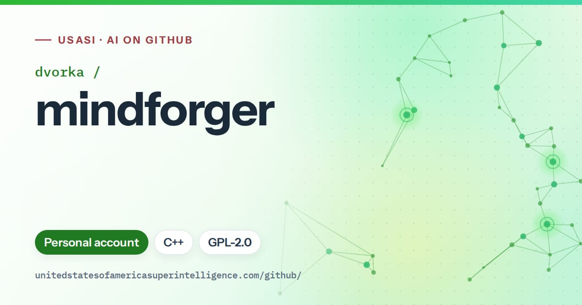 Generated green constellation network artwork for dvorka/mindforger, labeled USASI · AI on GitHub, with Personal account · C++ · GPL-2.0.