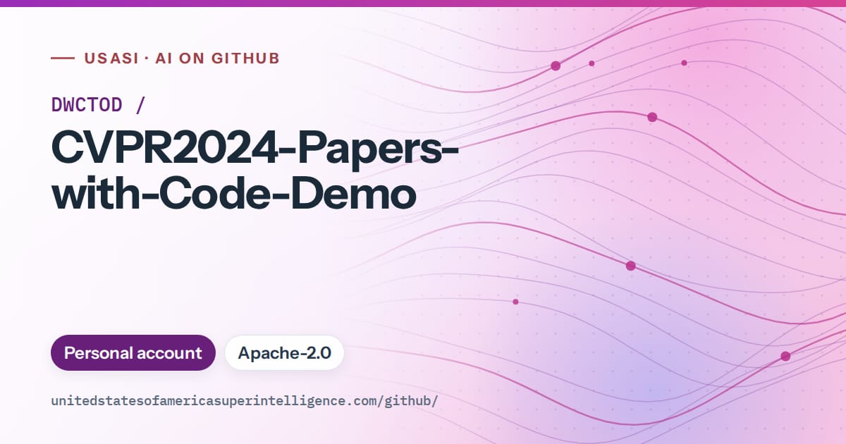 Generated purple flowing-wave artwork for DWCTOD/CVPR2024-Papers-with-Code-Demo, labeled USASI · AI on GitHub, with Personal account · Apache-2.0.