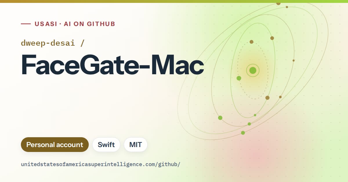 Generated orange orbit artwork for dweep-desai/FaceGate-Mac, labeled USASI · AI on GitHub, with Personal account · Swift · MIT.