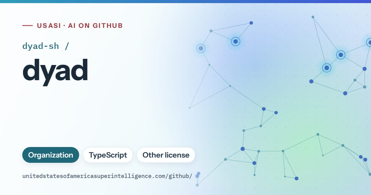 Generated sky blue constellation network artwork for dyad-sh/dyad, labeled USASI · AI on GitHub, with Organization · TypeScript · Other license.