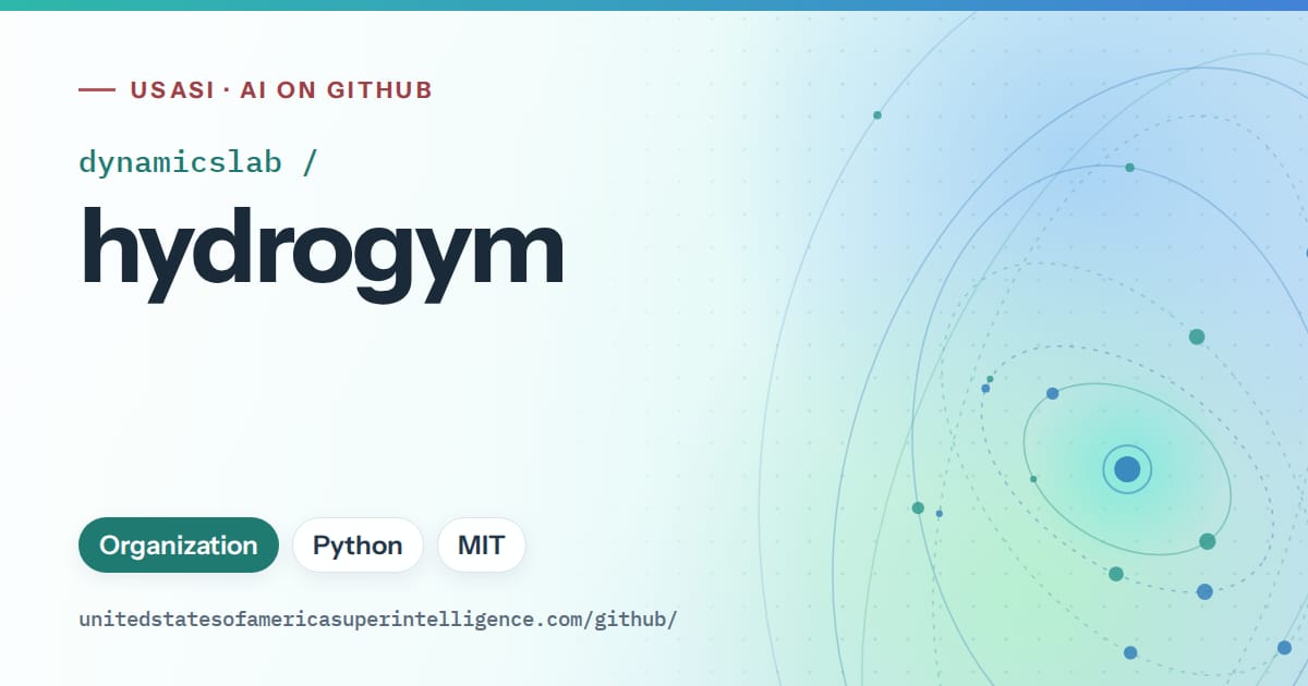 Generated teal orbit artwork for dynamicslab/hydrogym, labeled USASI · AI on GitHub, with Organization · Python · MIT.