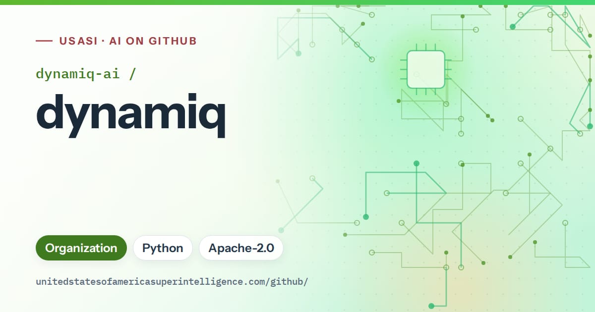 Generated green circuit-trace artwork for dynamiq-ai/dynamiq, labeled USASI · AI on GitHub, with Organization · Python · Apache-2.0.