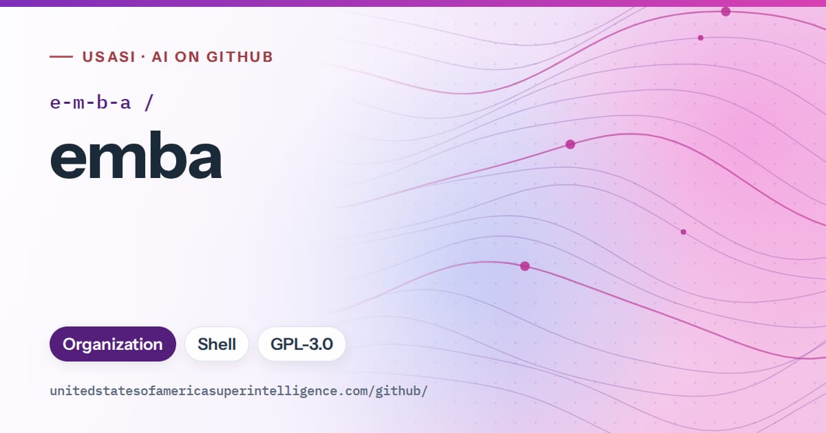 Generated violet flowing-wave artwork for e-m-b-a/emba, labeled USASI · AI on GitHub, with Organization · Shell · GPL-3.0.