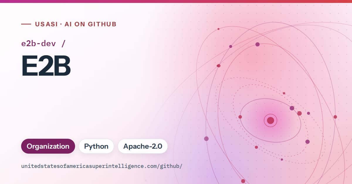 Generated purple orbit artwork for e2b-dev/E2B, labeled USASI · AI on GitHub, with Organization · Python · Apache-2.0.