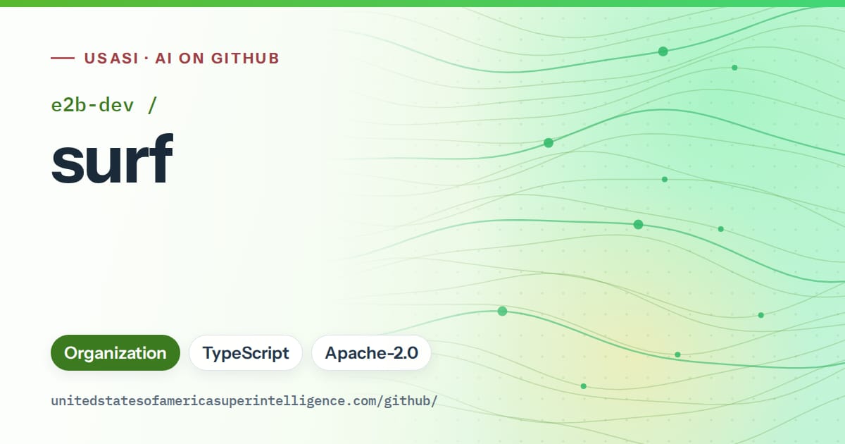 Generated green flowing-wave artwork for e2b-dev/surf, labeled USASI · AI on GitHub, with Organization · TypeScript · Apache-2.0.