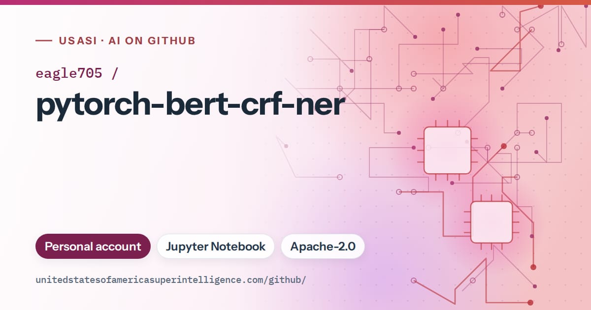 Generated pink circuit-trace artwork for eagle705/pytorch-bert-crf-ner, labeled USASI · AI on GitHub, with Personal account · Jupyter Notebook · Apache-2.0.