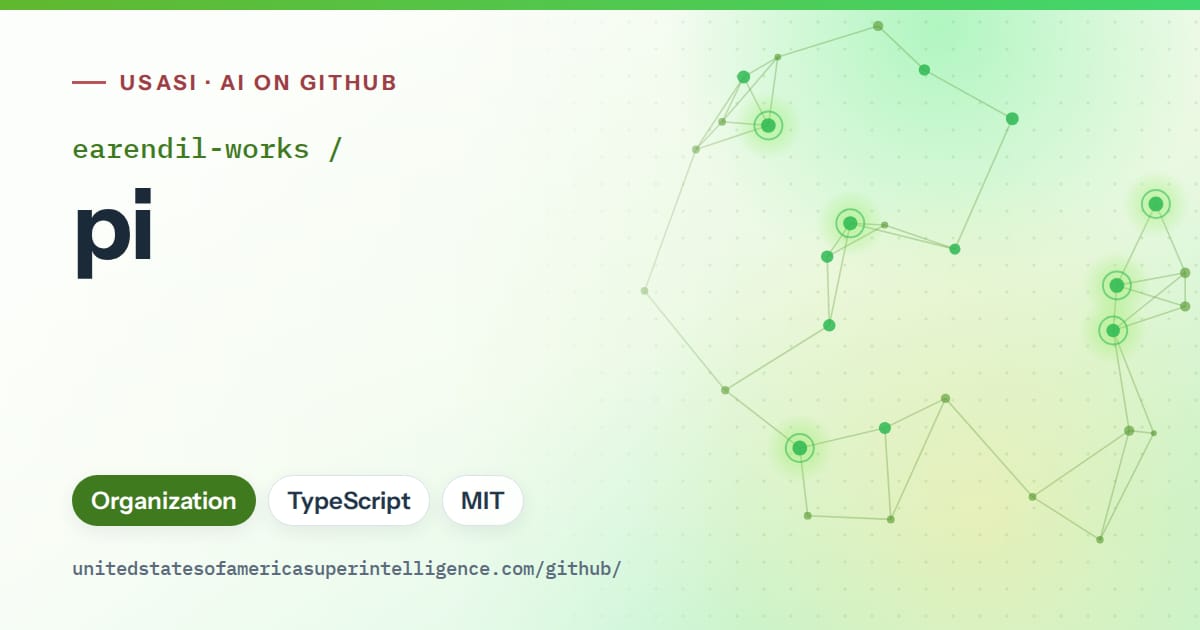 Generated green constellation network artwork for earendil-works/pi, labeled USASI · AI on GitHub, with Organization · TypeScript · MIT.