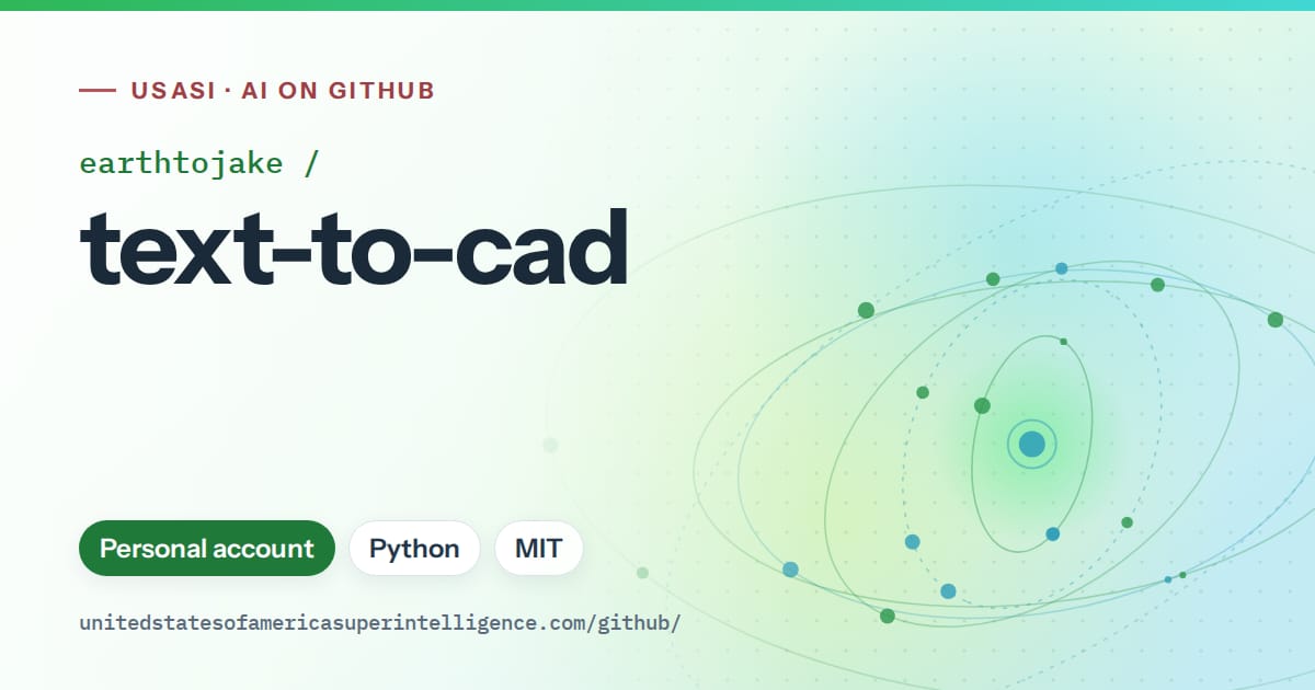 Generated green orbit artwork for earthtojake/text-to-cad, labeled USASI · AI on GitHub, with Personal account · Python · MIT.