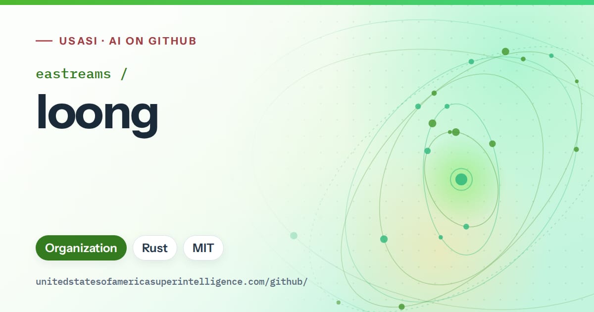 Generated green orbit artwork for eastreams/loong, labeled USASI · AI on GitHub, with Organization · Rust · MIT.