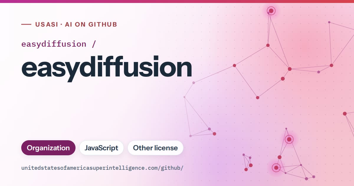 Generated purple constellation network artwork for easydiffusion/easydiffusion, labeled USASI · AI on GitHub, with Organization · JavaScript · Other license.