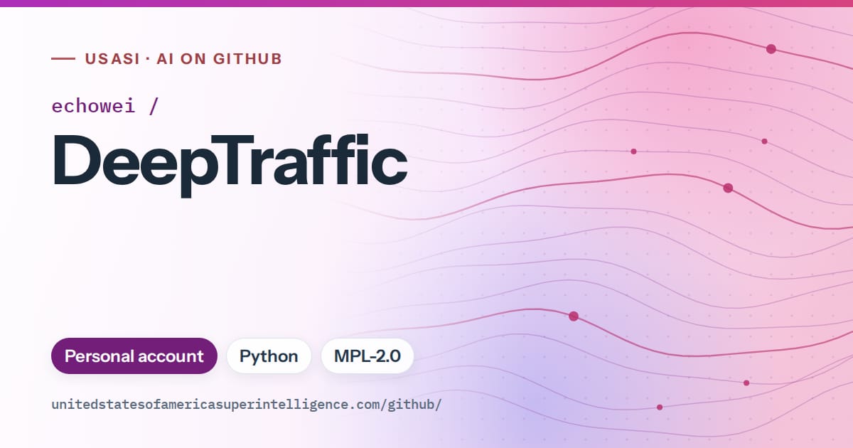 Generated purple flowing-wave artwork for echowei/DeepTraffic, labeled USASI · AI on GitHub, with Personal account · Python · MPL-2.0.