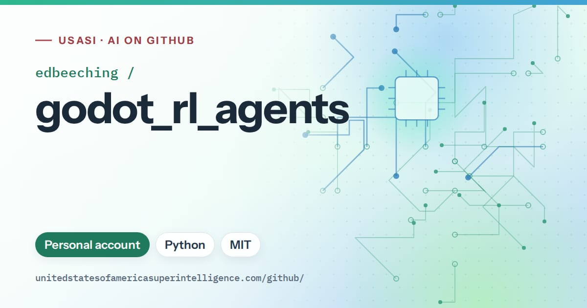 Generated teal circuit-trace artwork for edbeeching/godot_rl_agents, labeled USASI · AI on GitHub, with Personal account · Python · MIT.