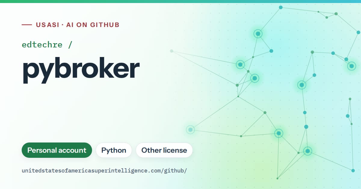Generated green constellation network artwork for edtechre/pybroker, labeled USASI · AI on GitHub, with Personal account · Python · Other license.