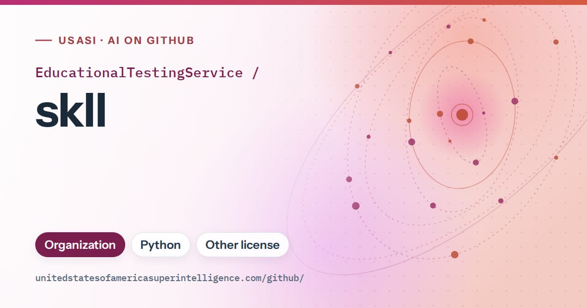 Generated pink orbit artwork for EducationalTestingService/skll, labeled USASI · AI on GitHub, with Organization · Python · Other license.