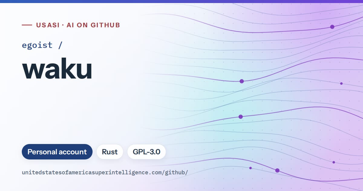 Generated blue flowing-wave artwork for egoist/waku, labeled USASI · AI on GitHub, with Personal account · Rust · GPL-3.0.