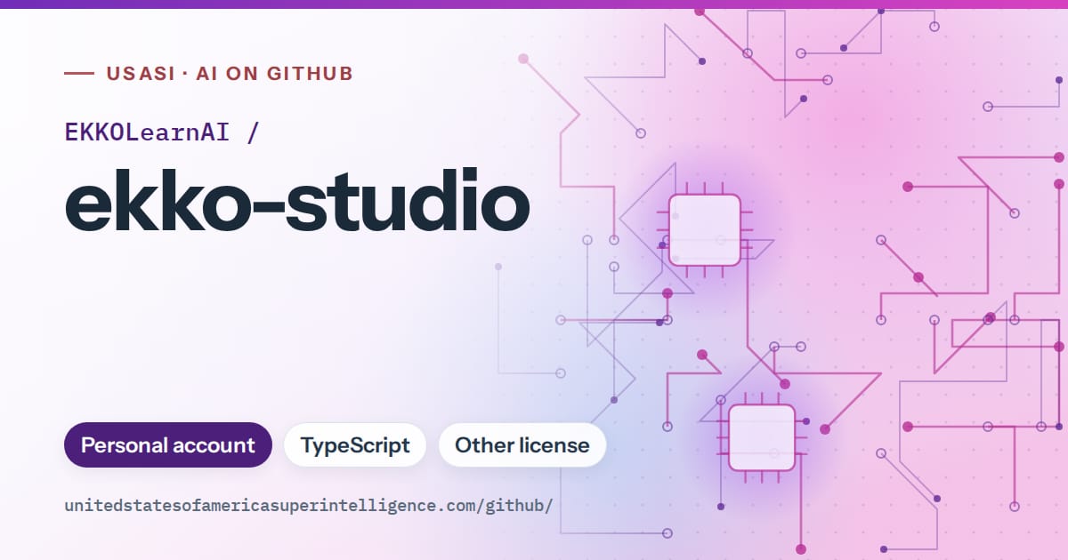 Generated violet circuit-trace artwork for EKKOLearnAI/ekko-studio, labeled USASI · AI on GitHub, with Personal account · TypeScript · Other license.