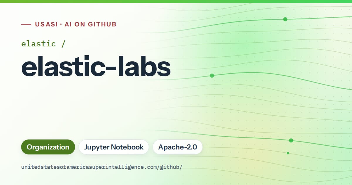 Generated green flowing-wave artwork for elastic/elastic-labs, labeled USASI · AI on GitHub, with Organization · Jupyter Notebook · Apache-2.0.