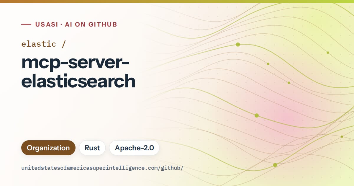 Generated orange flowing-wave artwork for elastic/mcp-server-elasticsearch, labeled USASI · AI on GitHub, with Organization · Rust · Apache-2.0.