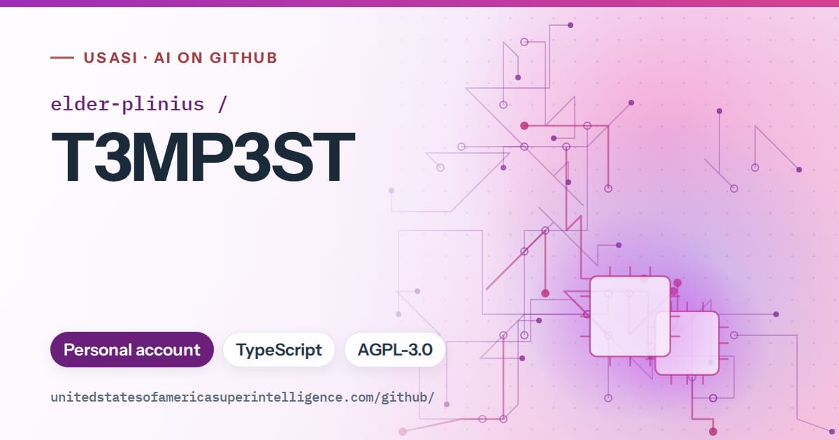Generated purple circuit-trace artwork for elder-plinius/T3MP3ST, labeled USASI · AI on GitHub, with Personal account · TypeScript · AGPL-3.0.