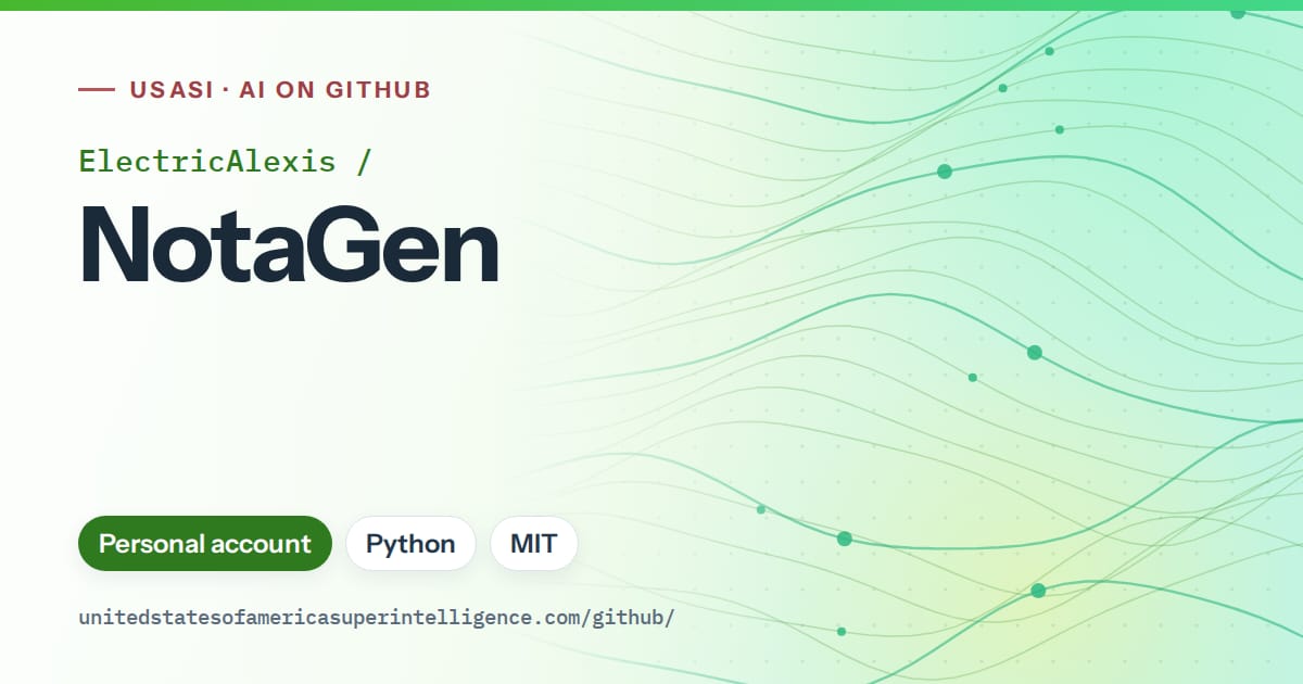Generated green flowing-wave artwork for ElectricAlexis/NotaGen, labeled USASI · AI on GitHub, with Personal account · Python · MIT.
