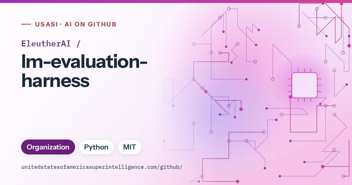 Generated purple circuit-trace artwork for EleutherAI/lm-evaluation-harness, labeled USASI · AI on GitHub, with Organization · Python · MIT.