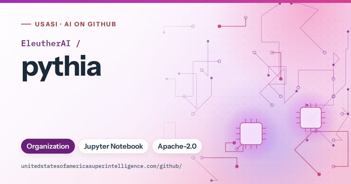 Generated purple circuit-trace artwork for EleutherAI/pythia, labeled USASI · AI on GitHub, with Organization · Jupyter Notebook · Apache-2.0.