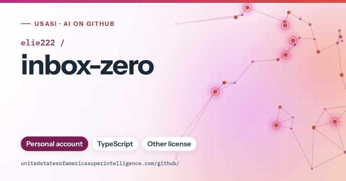 Generated pink constellation network artwork for elie222/inbox-zero, labeled USASI · AI on GitHub, with Personal account · TypeScript · Other license.