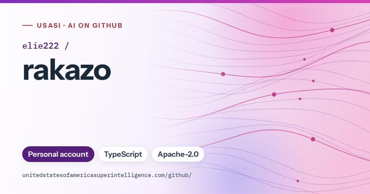 Generated violet flowing-wave artwork for elie222/rakazo, labeled USASI · AI on GitHub, with Personal account · TypeScript · Apache-2.0.