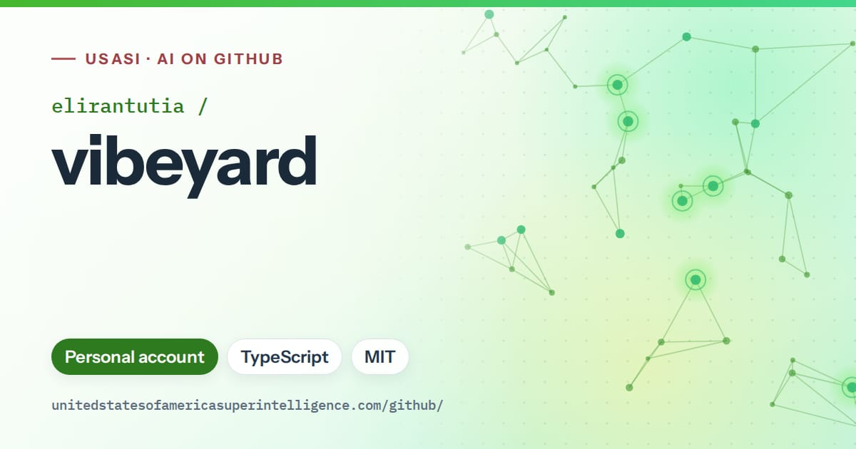 Generated green constellation network artwork for elirantutia/vibeyard, labeled USASI · AI on GitHub, with Personal account · TypeScript · MIT.