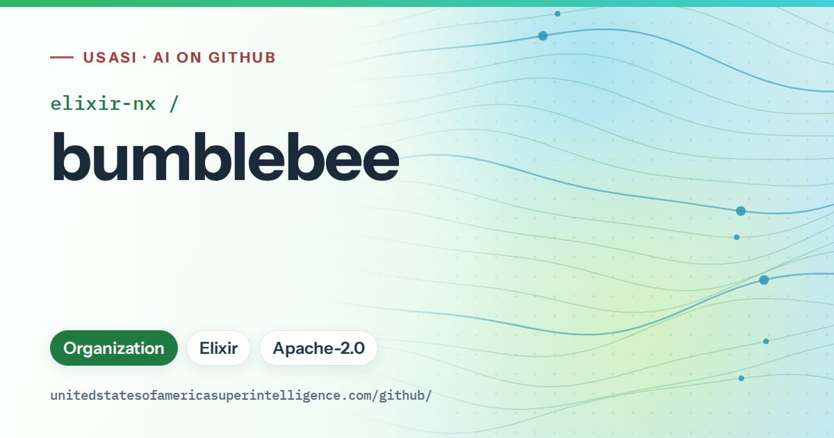 Generated green flowing-wave artwork for elixir-nx/bumblebee, labeled USASI · AI on GitHub, with Organization · Elixir · Apache-2.0.