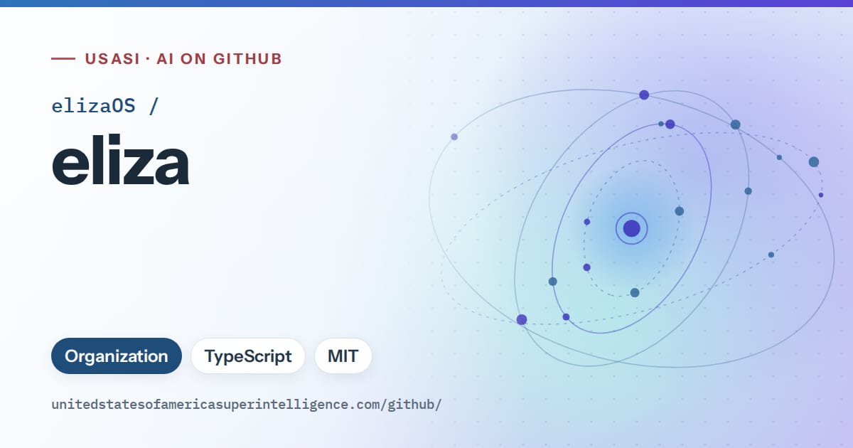 Generated sky blue orbit artwork for elizaOS/eliza, labeled USASI · AI on GitHub, with Organization · TypeScript · MIT.