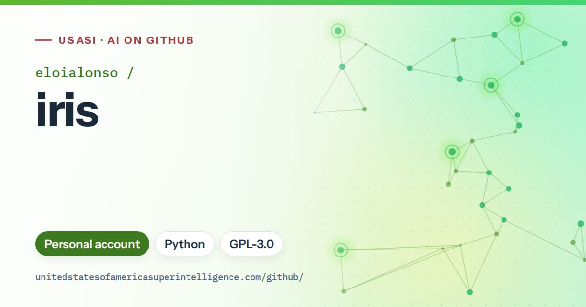 Generated green constellation network artwork for eloialonso/iris, labeled USASI · AI on GitHub, with Personal account · Python · GPL-3.0.
