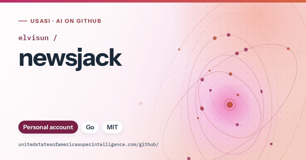 Generated pink orbit artwork for elvisun/newsjack, labeled USASI · AI on GitHub, with Personal account · Go · MIT.