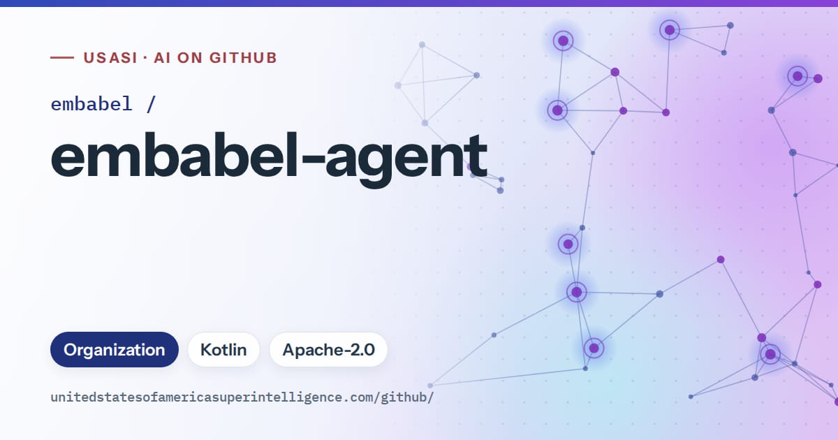 Generated blue constellation network artwork for embabel/embabel-agent, labeled USASI · AI on GitHub, with Organization · Kotlin · Apache-2.0.