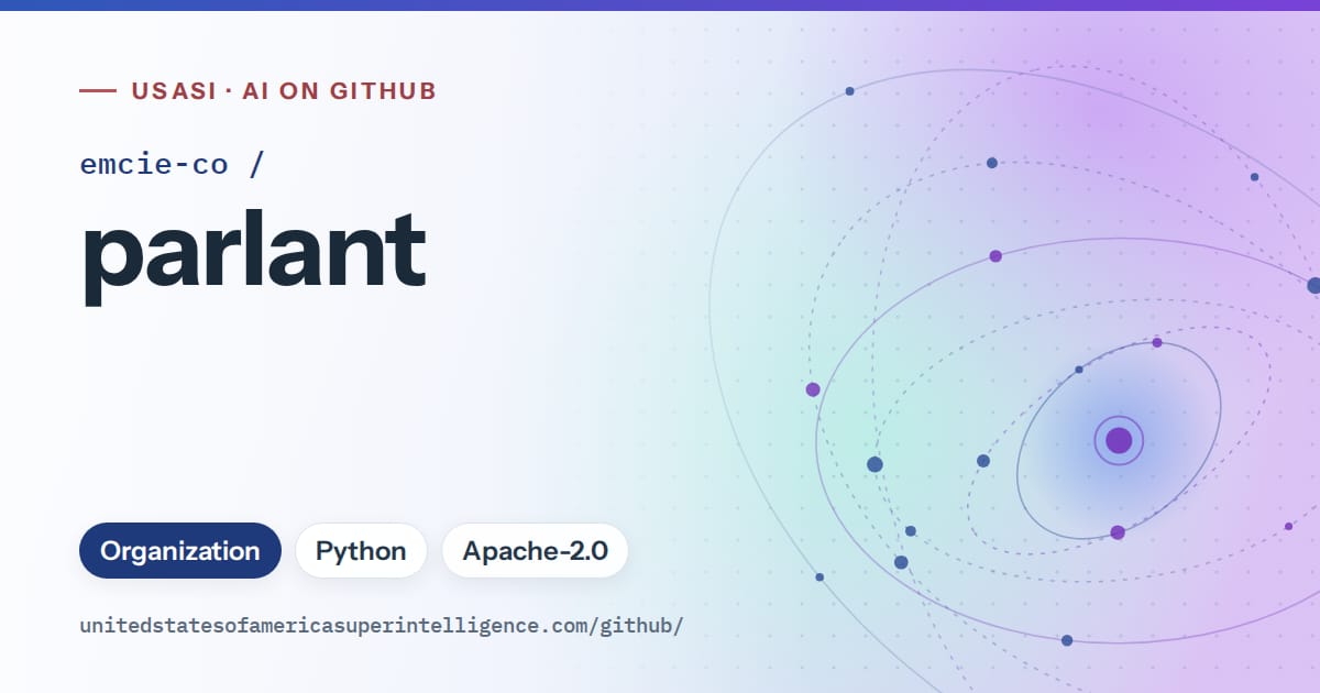 Generated blue orbit artwork for emcie-co/parlant, labeled USASI · AI on GitHub, with Organization · Python · Apache-2.0.