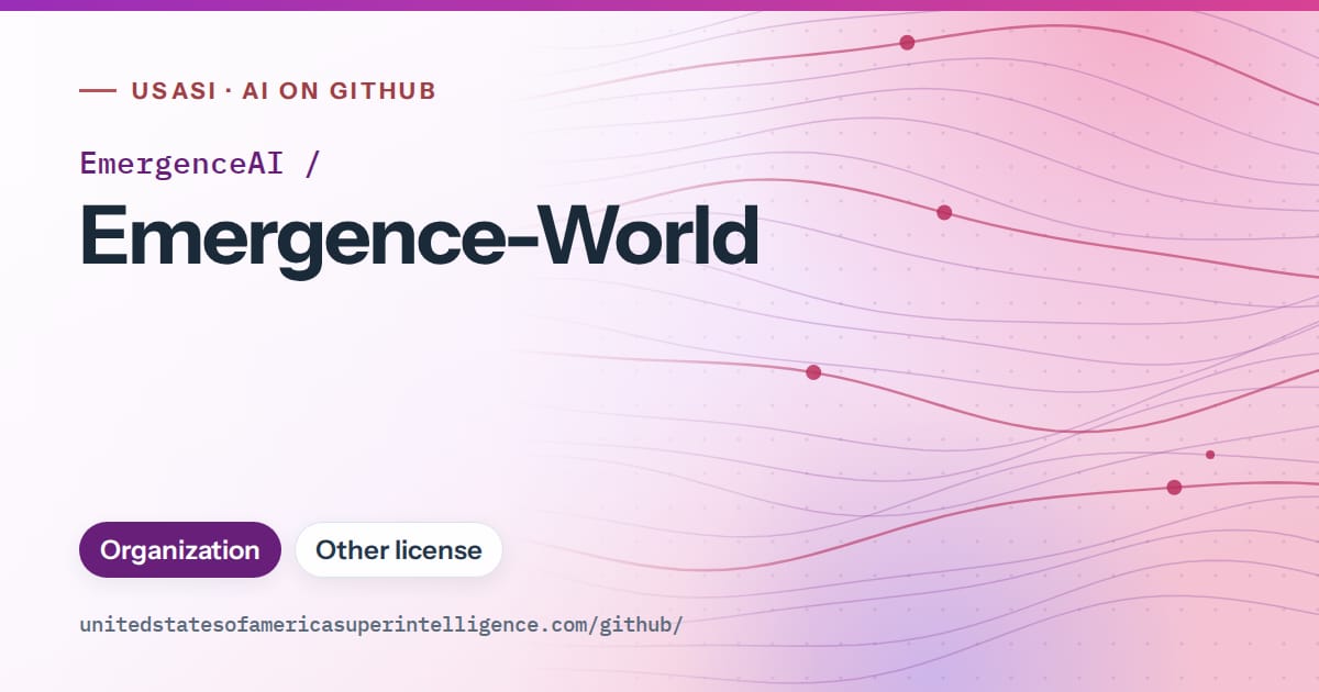 Generated purple flowing-wave artwork for EmergenceAI/Emergence-World, labeled USASI · AI on GitHub, with Organization · Other license.