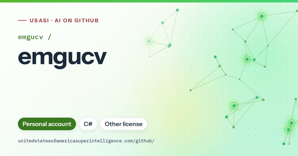 Generated green constellation network artwork for emgucv/emgucv, labeled USASI · AI on GitHub, with Personal account · C# · Other license.